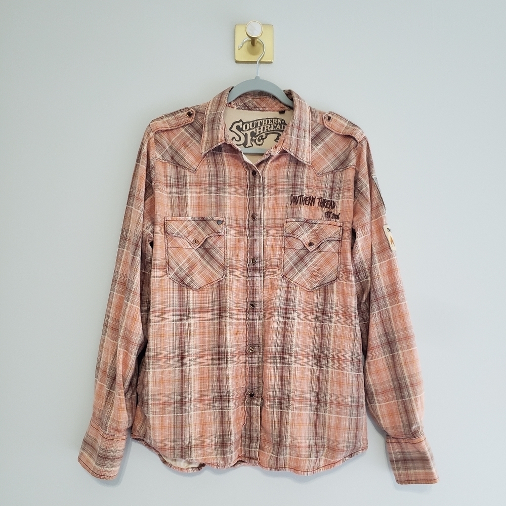 Southern Thread Plaid Shirt Shacket Women Large Lined Cowgirl Western Farm Work